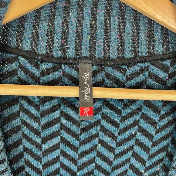 RONI RABL Open Front Chevron Cardigan Tunic Sweater Merino Wool Blend Blue L - Picture 3 of 8